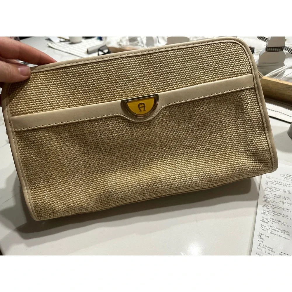 Etienne Aigner‎ Straw Leather Trim Crossbody Bag Beige Gold Logo Est 1949